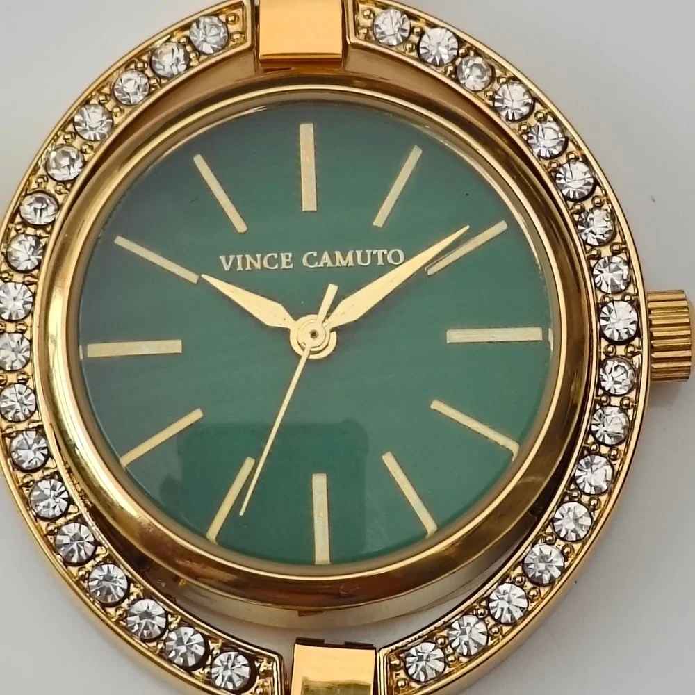 Vince Camuto Women Gold Tone Green Dial Crystal Watch Set Removable Leather Band